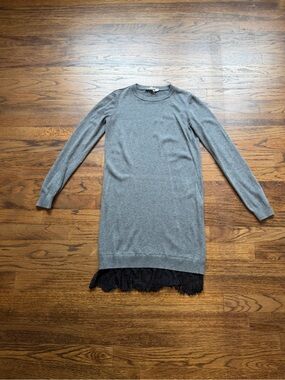 BCBGMAXAZRIA gray sweater dress with black lace trim at the hem, size XXS